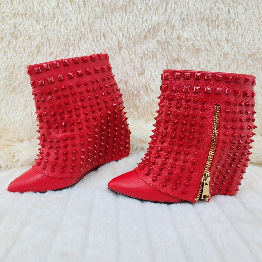 Red Studded Pointed-Toe Wedge Booties with Side Zip